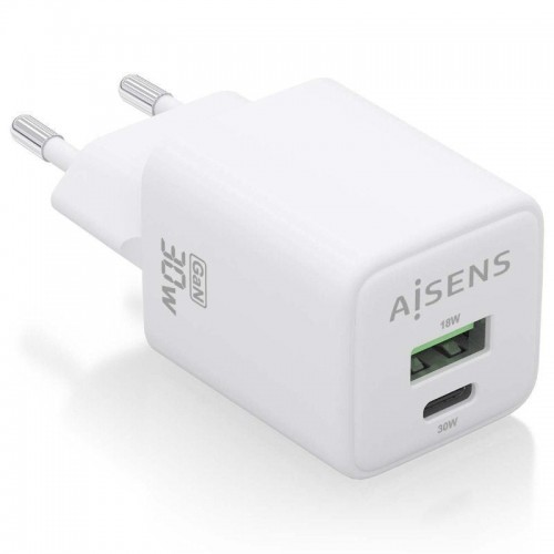 h2AISENS CARGADOR GaN 30W 1xUSB C PD30 QC40 1xUSB A QC30 BLANCO h2pCargador GaN USB C 30W para cargar portatiles moviles camara
