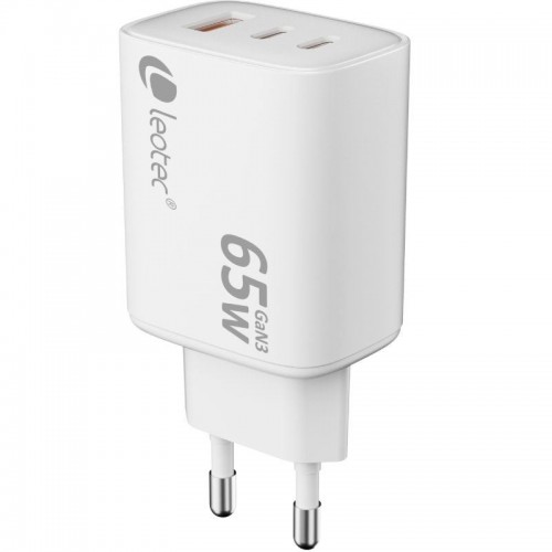 h2Cargador Universal 65W GAN Ultra Slim 2 USB C PD1 USB A Blanco h2ppEl cargador Leotec GaN de 65W con tres puertos ofrece comp