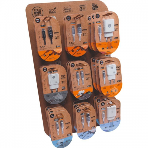h2Expositor EKO cargadores 9 ganchos 27 prod v2026 h2pElegante expositor de peana TECH ONE TECH con 9 ganchos y 3 productos en 