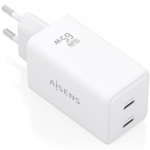 h2AISENS CARGADOR GaN 65W 2xUSB C PD30 QC40 BLANCO h2divpCargador GaN USB C de 65W disenado para cargar portatiles telefonos mo