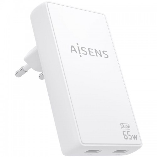 h2AISENS CARGADOR DE PARED GaN ULTRA DELGADO 65W 2xUSB C PD30 QC40 BLANCO h2divpCargador GaN USB C de 65W disenado para cargar 