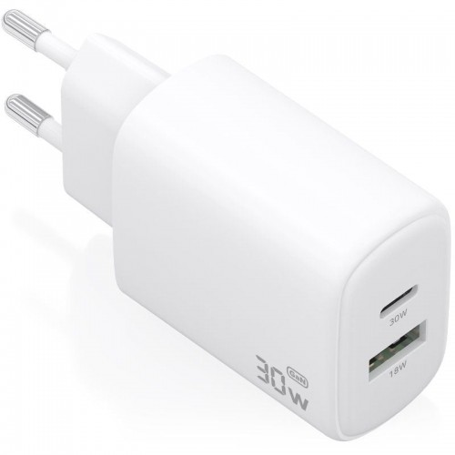 h2AISENS CARGADOR GaN 30W 1xUSB C PD30 QC40 1xUSB A QC30 BLANCO h2divpCargador GaN USB C de 30W disenado para cargar portatiles